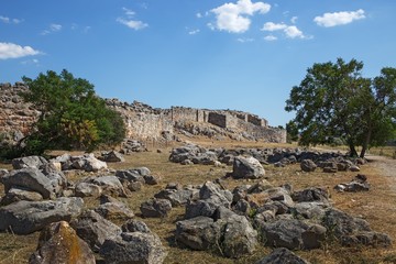 Ruins of ancient acropolis of Tiryns - a Mycenaean archaeological site in Argolis in the Peloponnese, and the location from which mythical hero Heracles performed his 12 labors, Greece.