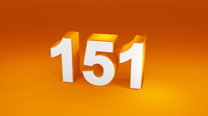 Number 151 in white on orange gradient background, isolated number 3d render