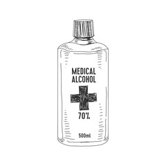 Medical alcohol bottle, hand drawn retro vector illustration.