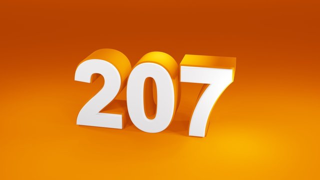 Number 207 in white on orange gradient background, isolated number 3d render