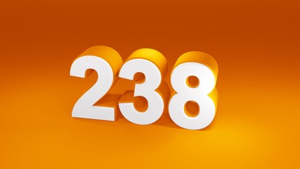 Number 238 in white on orange gradient background, isolated number 3d render