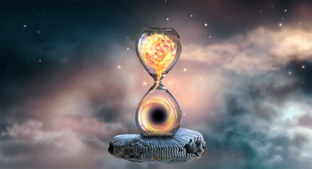 Hourglass hovering in universe with shining star inside clock that standing on ancient petrified ammonite, which is absorbed by black hole against dramatic starry cloudy sky. Star collapse cataclysm. - obrazy, fototapety, plakaty
