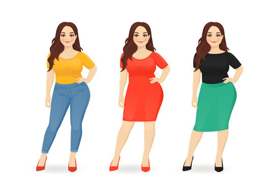 Young happy beautiful plus size woman dressed in different casual business style clothes set isolated vector illustration
