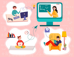 Distance study at school. Students study from their home. Online education. Boys and girls sit home and have lesson using computer, laptop, tablet. E-learning vector flat illustration.