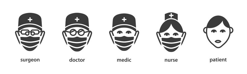 Medical staff icon set. Flat outline black sign: doctor, nurse in medical mask (personnel in hospital). Isolated simple outline vector symbols on white background