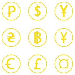 Set of currency currencies. Dollar, Euro, Russian ruble, Ukrainian hryvnia, Bitcoin. On a white background