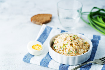 Canned Tuna red onion egg salad on the plate