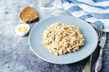 Canned Tuna red onion egg salad on the plate