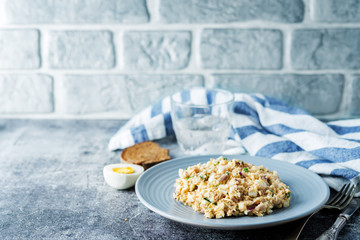 Canned Tuna red onion egg salad on the plate