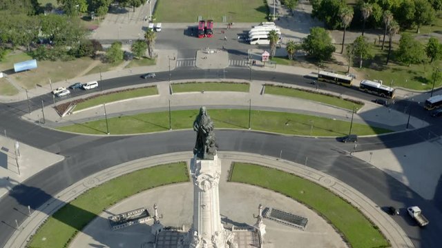 Lisbon famous statue Marqu&ecirc;s de Pombal on the center of a roundabout. Aerial view.