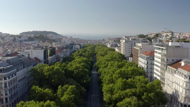 Lisbon aerial view of a busy avenue. Trees in the middle of the city , sea on the background.