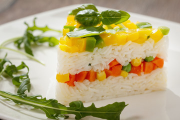 Vegetarian food, rice salad with vegetables, healthy meals