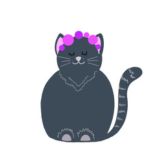 Cute grey vector sleepy cat with roses isolated cartoon