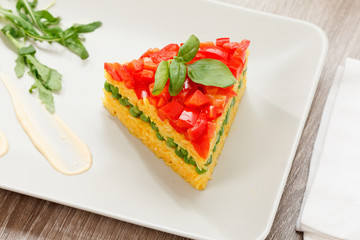 Vegetarian food, rice salad with vegetables, healthy meals