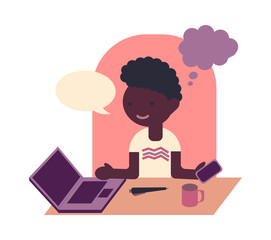 Young african american with laptop and smartphone at workplace. Color vector flat isolated illustration.