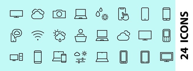  set of smart devices and gadgets, computer hardware and electronics. Electronic device icons for web and mobile vector lines. Editable stroke. 480x480 pixels