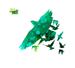 A flock of flying blue birds. Mixed media. Vector illustration