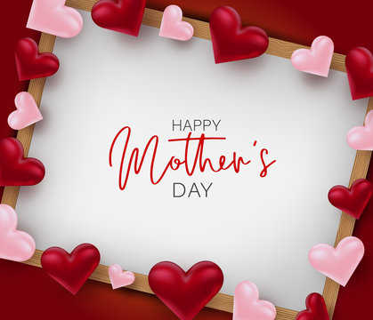 Mothers Day poster background. Red and pink 3d hearts on whiteboard with wooden frame. Holiday greeting card. Vector illustration.