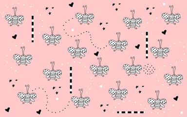 Fototapeta na wymiar seamless pattern fashion fabric textile hand line drawing alien fly imagination, on pink background