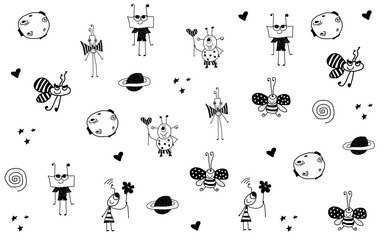 Hand drawing space aliens , planets, seamless patter, childish style drawings, repetitive black line drawing on white background