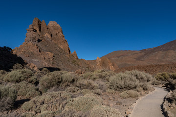 View of Roques de García unique rock formatio, Teide National Park, Tenerife, Canary Islands, Spain