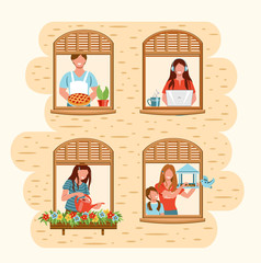 Smiling people do different pleasant things at home. People stay home to protect from viruses. People staying by the window in self quarantine. Vector illustration drawing in flat style