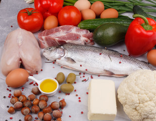 Keto diet. Products: fish, meat, vegetables, oils and nuts.