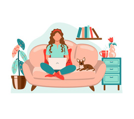Young woman with laptop and dog sitting on the sofa. Working or studying at home. People at home in self quarantine. Vector illustration in flat style.