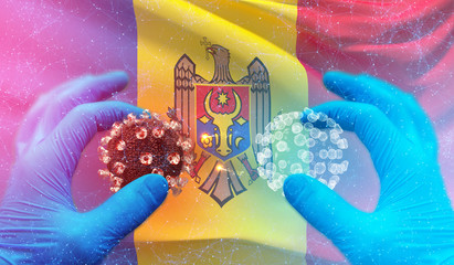 Medical molecular conceptwith backgroung of waving national flag of Moldova. Pandemic 3D illustration.