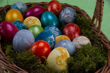 Fototapeta na wymiar Easter, colored painted eggs in a wicker basket with moss