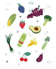 Vector set with hand-drawn vegetables and fruits. Healthy lifestyle.