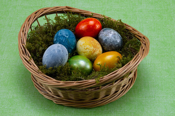 Easter, colored painted eggs in a wicker basket with moss