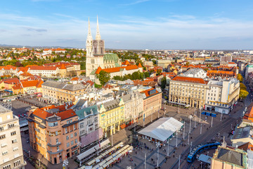Fototapeta na wymiar Aerial view on cathedral in Zagreb city, capital town of Croatia