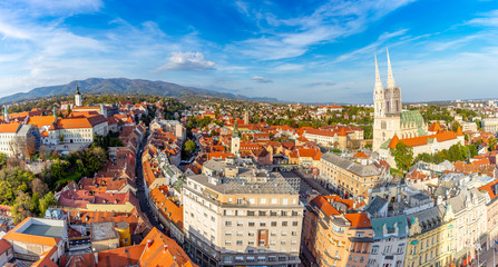 Fototapeta na wymiar Zagreb Croatia at Sunset. Aerial View from above of Ban Jelacic Square