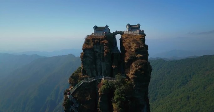 4K Drone view of Mount Fanjingshan, New Golden Summit, Tongren, Guizhou Province, China.
