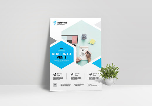 Business Flyer Layout with Blue Hexagonal Elements