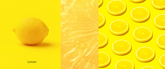Creative layout made of  slices lemon on yellow background, panoramic image