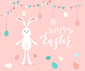 Rabbit and Easter Eggs on Pink Background