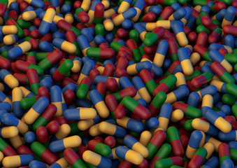 Fototapeta na wymiar Closeup red-green and blue-yellow antibiotics capsule pills on blue background. Antimicrobial drug resistance. Pharmaceutical industry. 3D Illustration