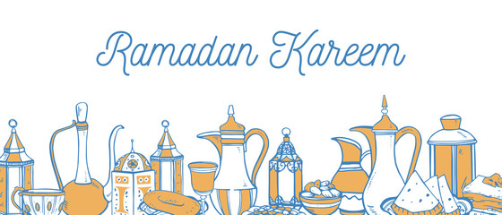 Composition with traditional Iftar meal on the bottom of the page. Hand drawn vector sketch illustration