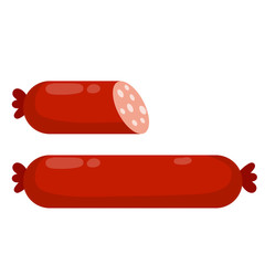 Set of sausage. Meat food. Red nutrient object. Sliced half of bologna for a sandwich. Cartoon flat illustration