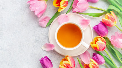 Fototapeta na wymiar A cup of tea with tulips on white background