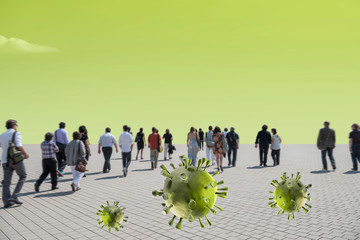 Corona Concept: Unidentifiable people walking in pedestrian area close to each other with corona...
