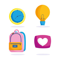 education online, backpack clock bulb love icons, icons, coronavirus pandemic