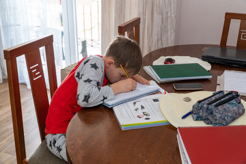 Little kid studying at home. In home decor setting. Distance learning online education. A schoolboy boy studies at home and does school homework. A home distance learning. Coronavirus quarantine.
