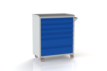 Metal tool cabinet on wheels with drawers. A convenient place for storing tools and spare parts. Metal furniture.  3D-model rendering of the table for shooting from above.