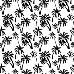 Palm trees black silhouette seamless pattern isolated on white background.