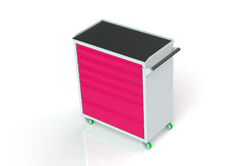 Metal tool cabinet on wheels with drawers. A convenient place for storing tools and spare parts. Metal furniture.  3D-model rendering of the table for shooting from above.