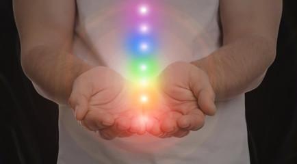 Closeup view of man and chakra points. Healing energy