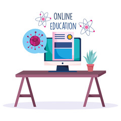 education online, computer certificate in desk, coronavirus pandemic